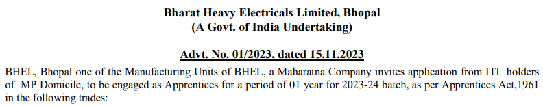 BHEL Bhopal Apprentice Recruitment